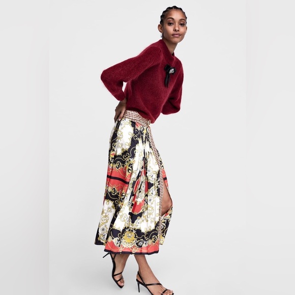 Zara Pleated Scarf Print Midi Skirt - Picture 9 of 11